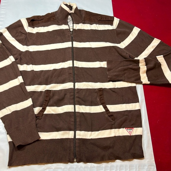 BROWN GUESS USA cream striped Sweater full ZIP up Pockets mock neck mens large L - Picture 14 of 16